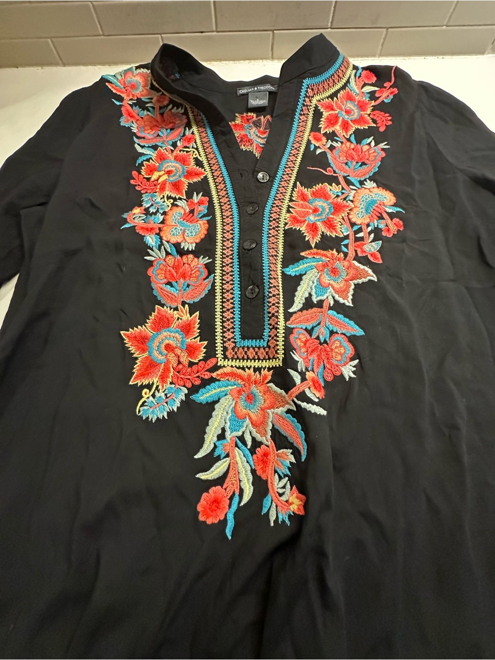 Chelsea & Theodore Black Shirt with Red and Turquoise Floral Embroidery